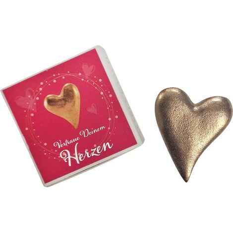 Petit cœur doré 3,5 x 4,5 cm en bronze véritable massif - Mini cadeau pour l'amour, pour le réconfort, la communion, le deuil, l'anniversaire, Noël comme porte-bonheur