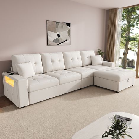 Canapé d'angle modulable 4 places avec pouf de rangement intégré, éclairage LED et ports de charge USB+Type-C (1/5)