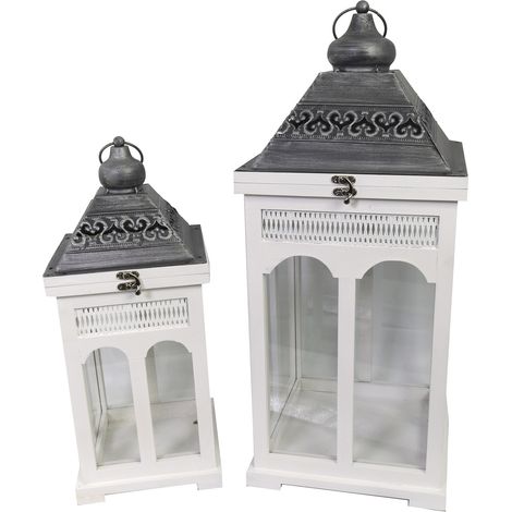 Set 2 Lanterne in Legno in Metallo bianco argento quadro
