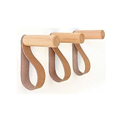 Wandhaken aus Leder, Wandgarderobe aus Holz zum Aufhängen von Taschen, Handtüchern und Mänteln, skandinavisches modernes Design (3er-Set)