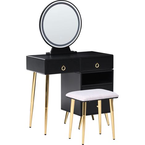 Toeletta con 6 cassetti specchio LED nero e oro e sgabello Yves