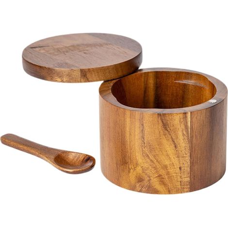 Salière en bois avec couvercle à vis - Pot à épices en bois d'acacia pour la cuisine - Boîte de rangement robuste pour sel, poivre et épices - 9 x 9 x 7 cm (1 pièce) (1/5)