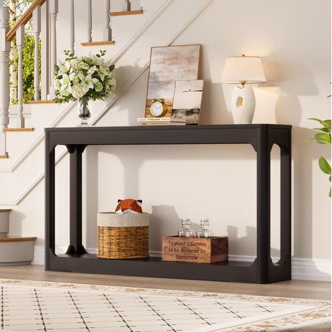 Table console 140 x 30 x 79 cm à 2 niveaux avec rangement, MDF noir DESVIAE (1/5)