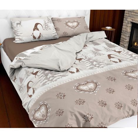 Housse de couette tyrolienne beige avec lutins - 100 % coton, motif d'hiver alpin, douce et respirante SINGLE 1 PLACE