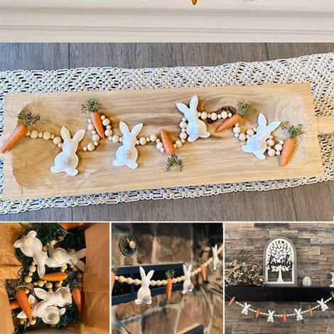 Guirlande De Pâques - Lapin Et Carotte En Feutrine Avec Perles En Bois - Décoration Festive Pour Porte Fenêtre Mur Café - Longueur 60 Cm (1/5)