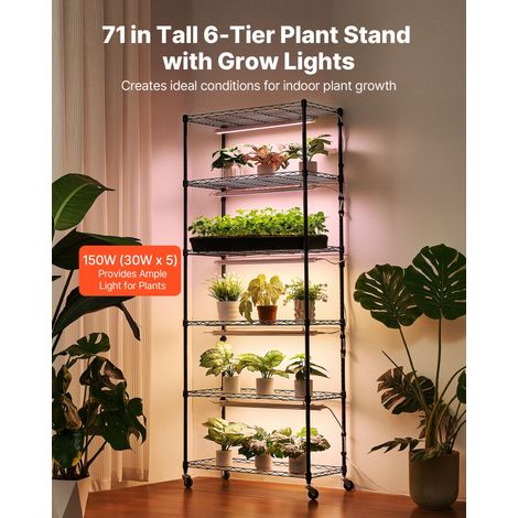 Support Plantes Intérieur avec Lampe de Croissance, Étagère Plantes 6 Niveaux, 180 cm, 150 W, avec Roulettes, Minuterie 4/9/14 h, 3… (1/5)