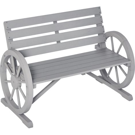 Wooden Cart Wagon Wheel 2 Seater Garden Bench Outdoor Garden Armrest Chair Rustic High Back Loveseat Grey