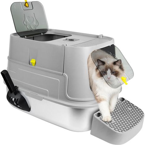 Haloyo® Katzentoilette Edelstahl mit Trittfläche & Schaufel, Katzenklo Edelstahl Edelstahl-Schublade, 48.5x36x39.5cm, grau (1/5)