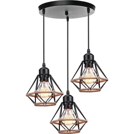 U-Do 3 Lampes Lustre Suspension Ajustable Vintage E27 Plafonnier Lustre Cage en Fer pour Couloir Salon (1/4)