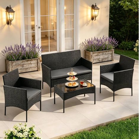 Ensemble salon de jardin 4 pièces 71x41x39 cm en rotin PE noir, moderne pour balcon FloraGrace (1/5)