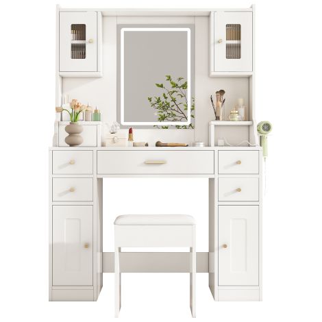 Grande coiffeuse LED, miroir, 6 tiroirs, 4 portes, blanche (1/5)