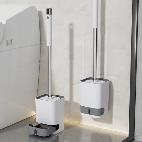 Set di 2 spazzole per WC antiscivolo da parete, strumento per la pulizia del bagno con base, non richiede foratura, può essere appeso o appoggiato su una superficie (1/5)
