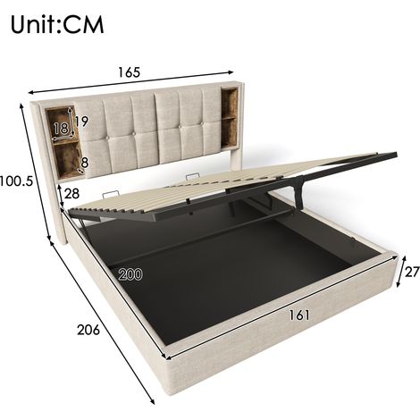Lit double avec recharge sans fil USB C, cadre de lit rembourré 160x200cm, cadre de lit avec base de rangement à lattes en lin naturel en bois (1/5)