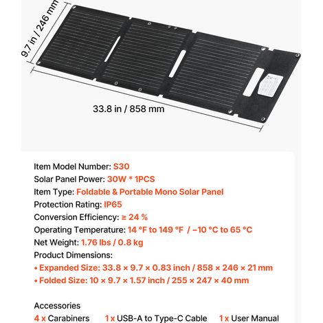 VEVOR 30W Foldable Solar Panel Charger, 16BB N-Type Monocrystalline Solar Panel 24% Efficiency, Ultra-Light Portable with USB-A, USB-A (QC3.0) & Type-C Ports for Camping, Backpacking, Phones, Tablets (1/4)