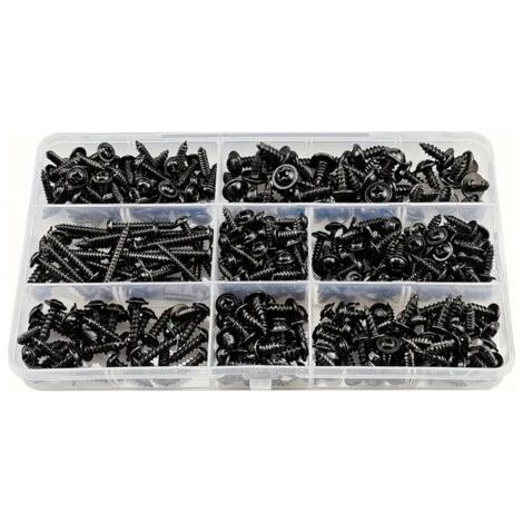 340 vis autoperceuses noires pour tôle, vis autotaraudeuses en acier inoxydable et en acier au carbone, jeu de fixations pour bois à tête plate, tailles de tête Phillips : M3.0-M4.8 (1/5)