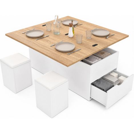 Table basse plateau relevable convertible en table à manger ELEA 100 cm avec 2 poufs et tiroir bois blanc et façon hêtre (1/5)