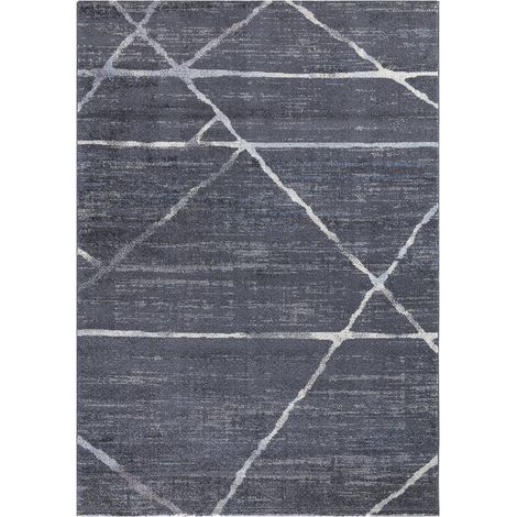 Tapis chambre 80x150 gris et bleu rectangle tissé motif géométrique LUXURY