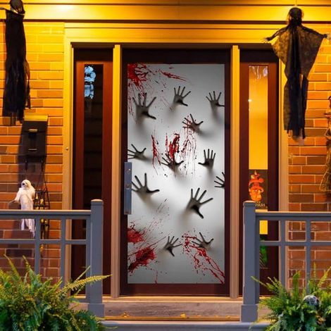 Décoration murale d'Halloween - fond de maison hantée - décoration en tissu à suspendre - décoration de porte et de fenêtre - main de zombie (90180cm)