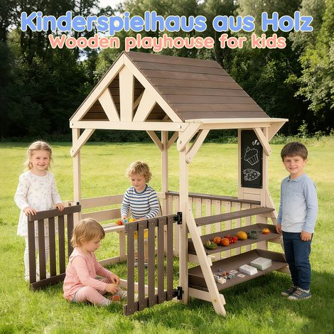 Maisonnette de jeu en bois grise pour jardin, style cabane avec toit imperméable et garde-corps, étagère polyvalente pour plantes et jouets, pour enfants dès 3 ans, abri extérieur. (1/5)
