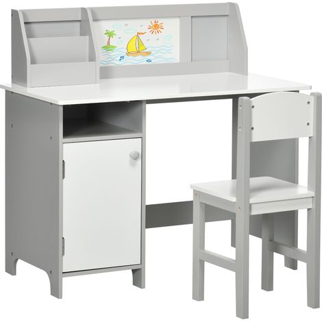 Set Tavolo e Sedie per Bambini 5+ Anni 90x45x 85 cm in Legno Bianco e Grigio