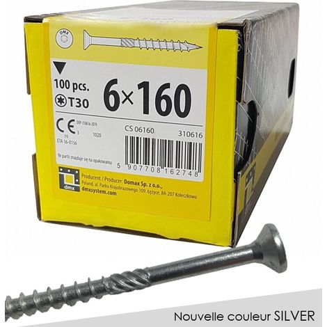 BOITE DE 100 VIS À TÊTE FRAISÉE 6 x 160, EMPREINTE TORX FINITION SILVER