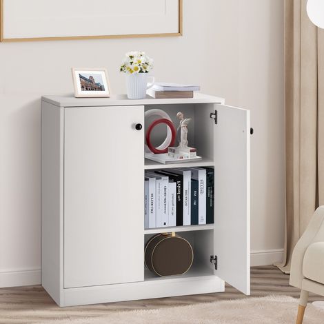 Commode Buffet Meuble de Rangement avec 2 Portes Meuble Bas Blanc avec 3 Étagères Réglables et Dispositif Anti-basculement pour Salon Blanc (1/3)