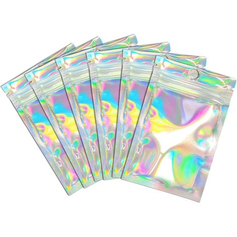 Wiederverschließbare Aluminiumbeutel mit Hologramm (50er-Packung), ideal zur Aufbewahrung bei Veranstaltungen, Maße 7,5 x 12 cm