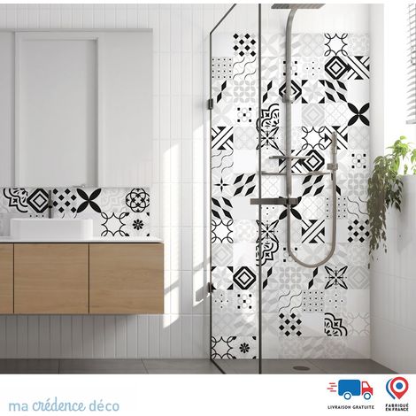 Panneau de douche : Carreaux ciment gris et couleurs - Couleur noir - Alu composite - 90 - 245 (1/3)