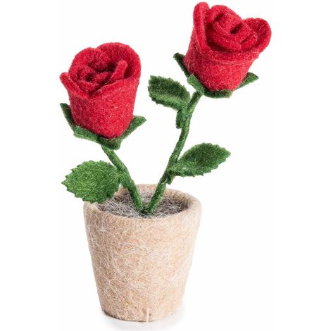 Roses rouges en feutre à tige modelable en petit pot, Saint-Valentin et fête des mères, à poser, lot de 8, diam. 6 x H. 18,5 cm