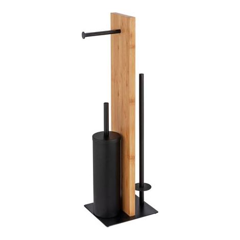 Combiné WC 3 en 1 sur pied Lesina WENKO, Porte-rouleau, brosse WC fermée à tête silicone remplaçable, stockeur PQ, Acier et bambou, 18x69x18cm, Noir et bois (1/5)