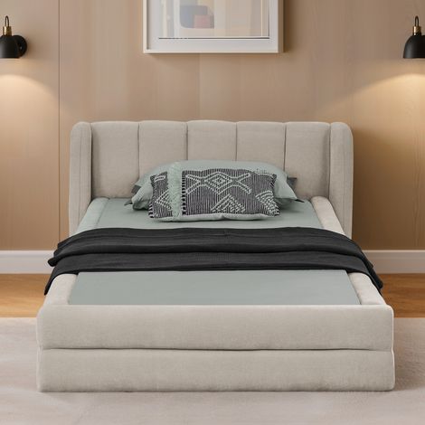 Bett 90x200 cm mit Chenille-Polsterstoff in Beige, gepolstertes Kopfteil, stabile Konstruktion bis 200 kg (1/5)