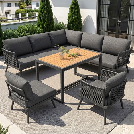 7-Sitzer Eck-Gartenlounge, WPC-Couchtisch, abnehmbare Kissen grau/beige HAVRYA (1/5)