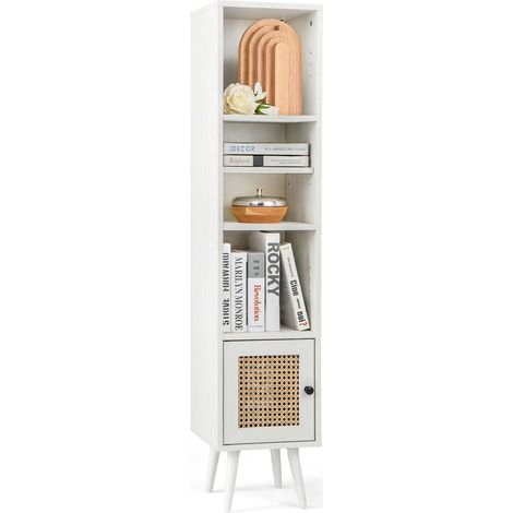 Armoire blanche 4 niveaux en rotin avec étagère réglable et pieds en bois massif, format étroit pour salon, chambre et entrée (1/5)
