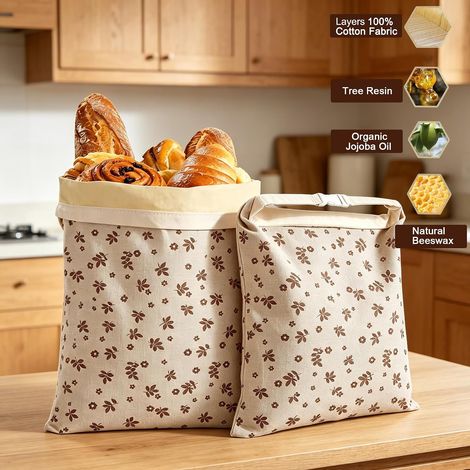 Lot de 2 sacs à pain en coton enduit de cire d'abeille pour pain au levain et pain maison – Réutilisables, adaptés à la congélation et conçus pour préserver la fraîcheur. (1/5)
