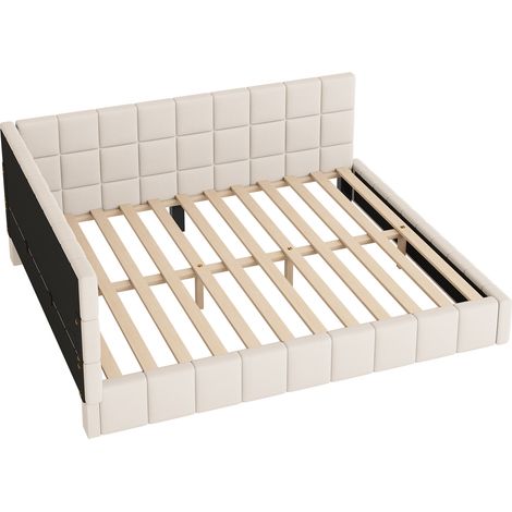 Letto capitonné convertibile 160 x 200 cm in tessuto velluto beige con rete a doghe (1/5)