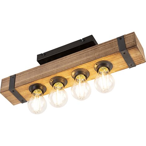 QAZQA Lampada da soffitto reena - Industriale - Legno,Acciaio - Marrone/Nero - Oblungo E27 Max. 4 x 7 Watt