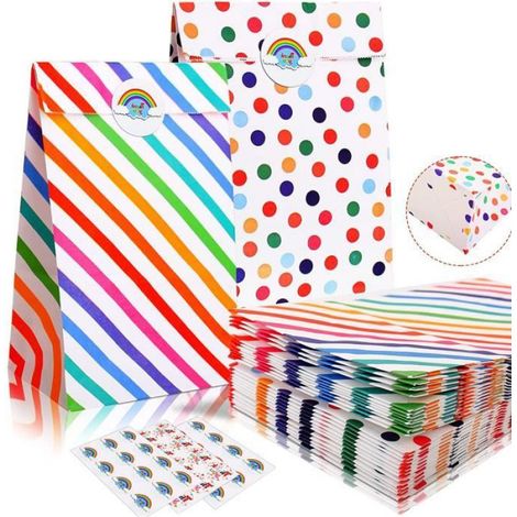 Sac Cadeau - Non spécifié - Petite Pochette Kraft - Rayures arc-en-ciel - 20 Pochettes - 24 Autocollants (1/4)