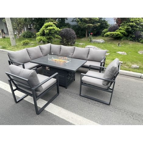 Fimous Aluminum Outdoor Garden Furniture Set Corner Sofa 2 PC Chairs Gas Fire Pit Dining Table Set Gas Heater Burner Dark Grey 8 Seater (1/5)