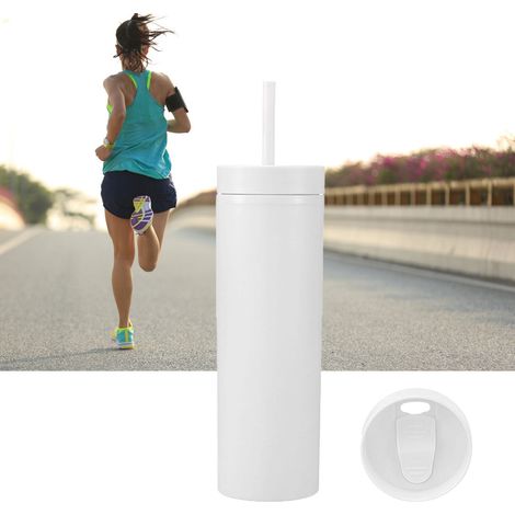 Gobelet en plastique blanc de 473 ml (16 oz) avec couvercle à joint d'étanchéité, parois droites et paille intégrée, à double paroi. (1/5)