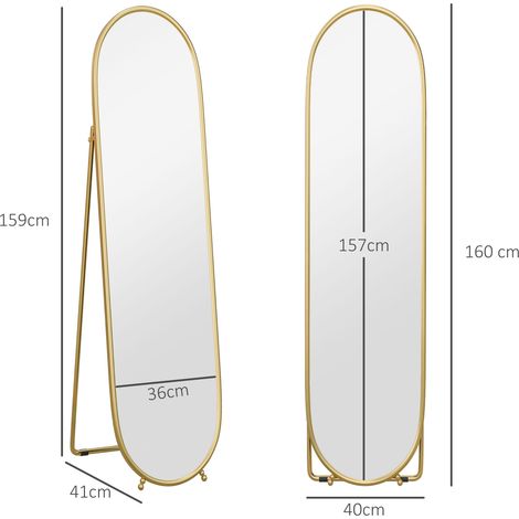 Miroir sur pied ovale 160x40 cm avec support, cadre en métal doré, miroir mural au sol pour salon et chambre, design élégant (1/4)
