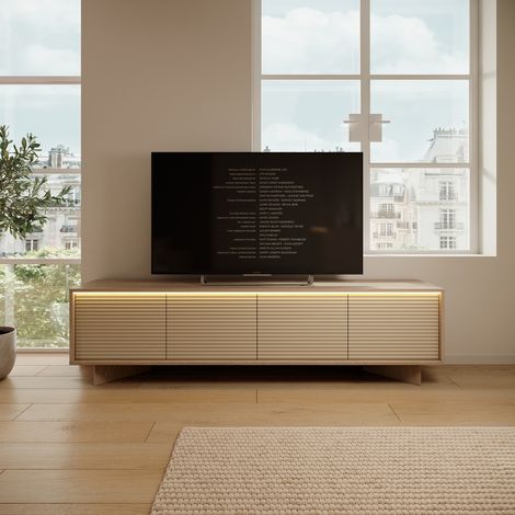 Mueble Porta TV Kame, un Estante, 4 Puertas, Efecto Listado con LED, 204x40x54h cm, Marrón Roble (1/5)