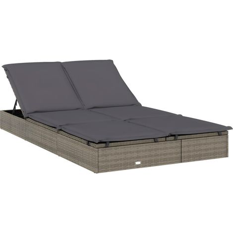 Transat chaise longue bain de soleil lit de jardin terrasse meuble d'extérieur à 2 places avec coussins gris résine tressée (1/5)