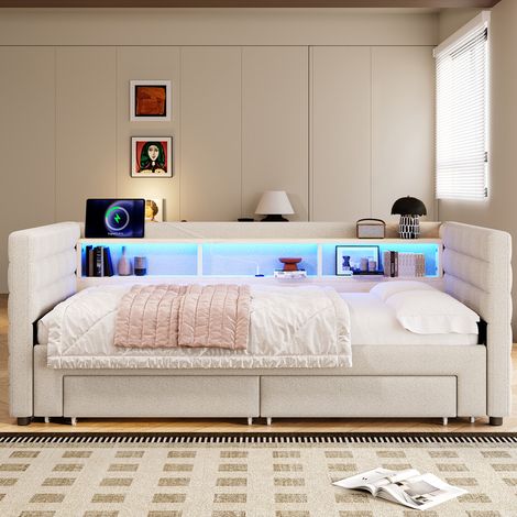 Canapé-lit 90 x 190 cm - avec lit gigogne - avec ports USB + Type-C - avec 2 tiroirs - bande lumineuse LED - beige (matelas non inclus) (1/5)