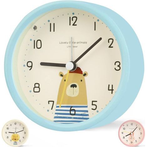Analoger Kinderwecker für Jungen und Mädchen, geräuschloser, batteriebetriebener Tischwecker ohne Abdeckung, Nachttischwecker mit großer Lichtfunktion für Schlafzimmer oder Büro (Blau-3) (1/5)
