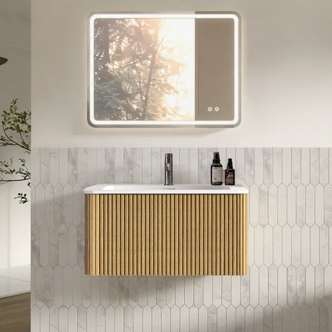 Conjunto de muebles de baño con espejo, mueble de lavabo de 80 cm con armario bajo, armario de baño suspendido, premontado, acabado en roble, espejo LED de 60 x 80 cm. (1/5)
