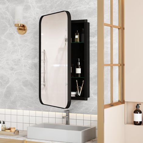 Armoire murale salle de bain avec miroir - 76x51x12cm - cadre en métal, miroir et étagères réglables - noir (1/5)