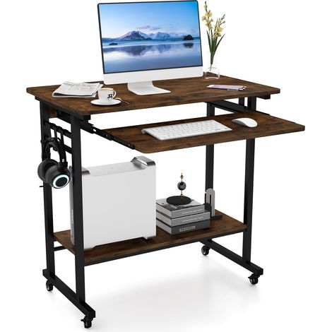 Bureau Mobile pour Ordinateur Portable, Peu encombrant, avec Tablette à Clavier et Crochets, Table Industrielle pour Bureau, 80 x 50 x 78 cm (Marron+Noir) (1/5)