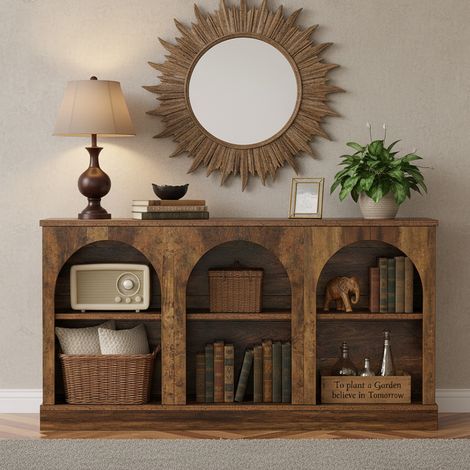 Table console 160×30×80 cm , 3 niveaux de rangement, table de canapé en bois derrière le canapé pour entrée, couloir, salon, marron
