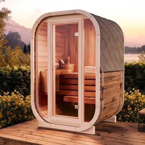 Sauna tonneau traditionnel 2 places – Bois thermique 42 mm – Dimensions 135 x 113 cm – Épaisseur de paroi 42 mm – Pour jardin compact – Finntherm