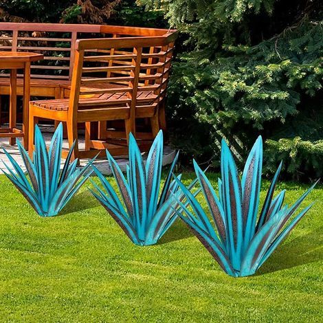 Sculpture Agave - En Métal Oxidé Avec Détails Bleus - Décoration Extérieure Jardin Patio - Hauteur 35 cm - Pour Aménagement Intérieur Ou Extérieur - 1 Pièce (1/5)